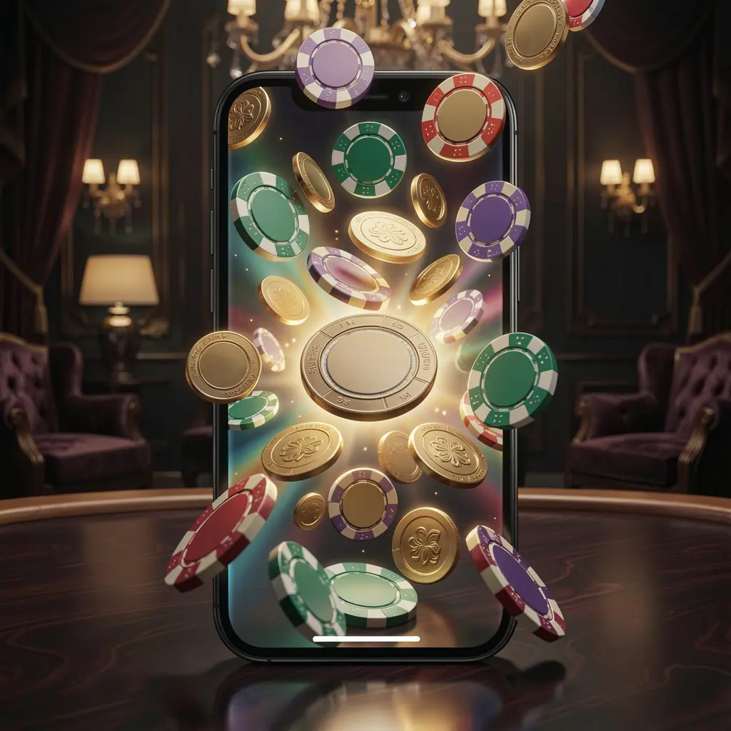 899 OK online gaming app displayed on a smartphone screen glowing with casino chips and coins emerging, set against a luxury dark background with cinematic lighting in a high detail 3D render