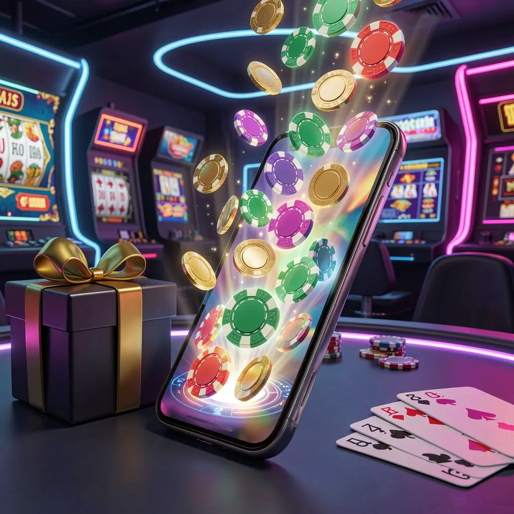 899 OK mobile casino bonus scene with a modern smartphone displaying glowing casino chips and coins coming out of the screen, surrounded by a gift box and playing cards in a bright neon casino atmosphere