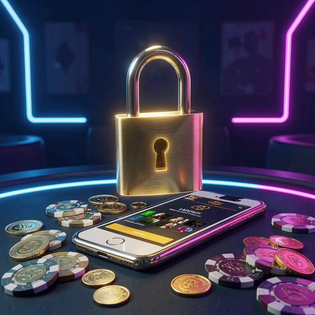 899 OK casino login security image showing a glowing padlock floating above a smartphone with golden coins and chips scattered around against a dark blue neon background