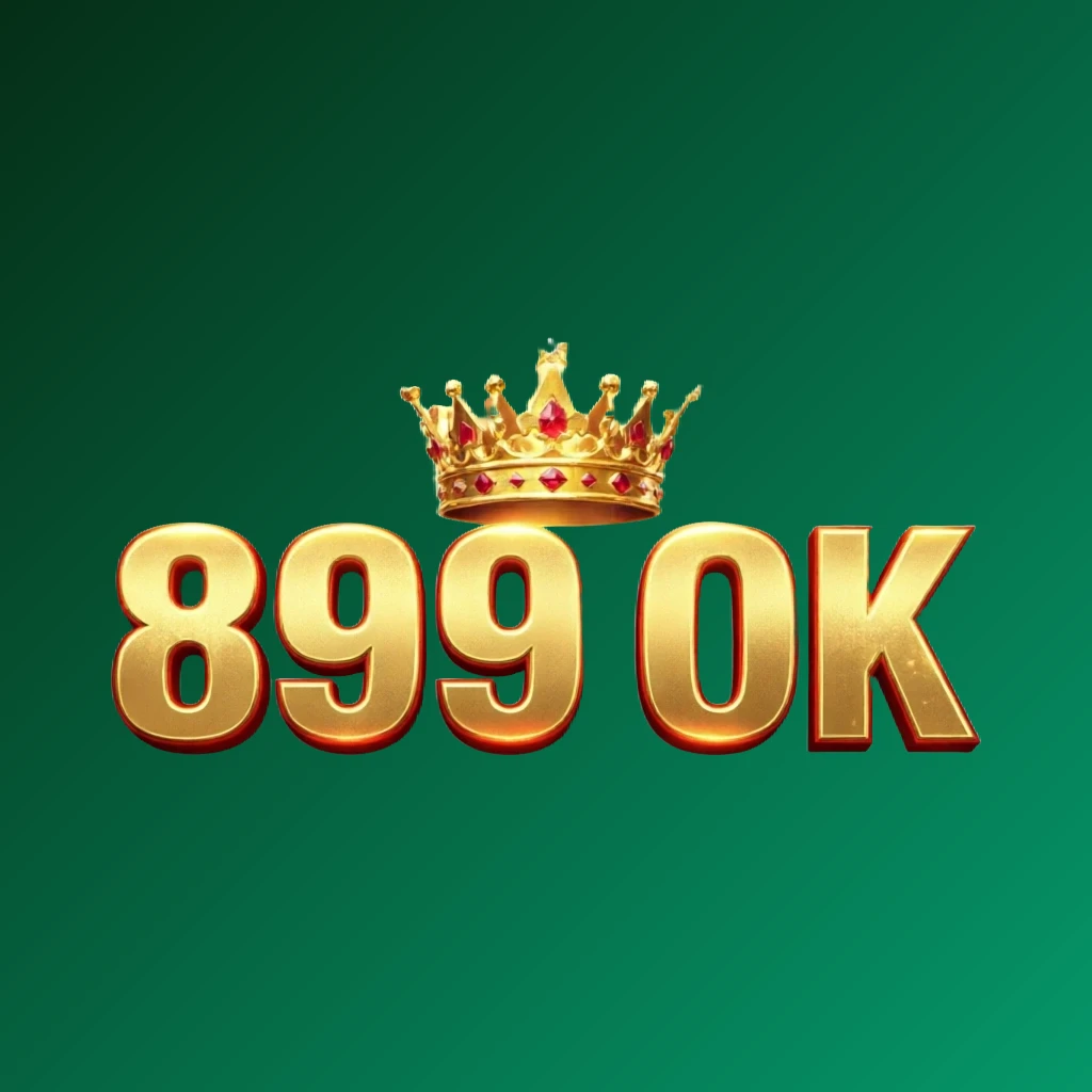 899 OK dynamic casino-style logo with massive bold gold and crimson lettering, glowing crown, and sparkling light effects on a transparent background, designed as a wide horizontal rectangular wordmark for website header