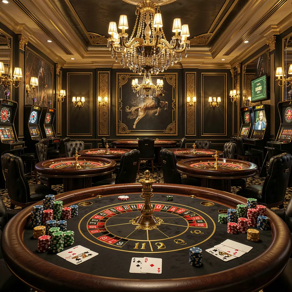 899 OK luxury online casino lobby with glowing roulette tables, golden lights, poker chips and cards in a premium black and gold design